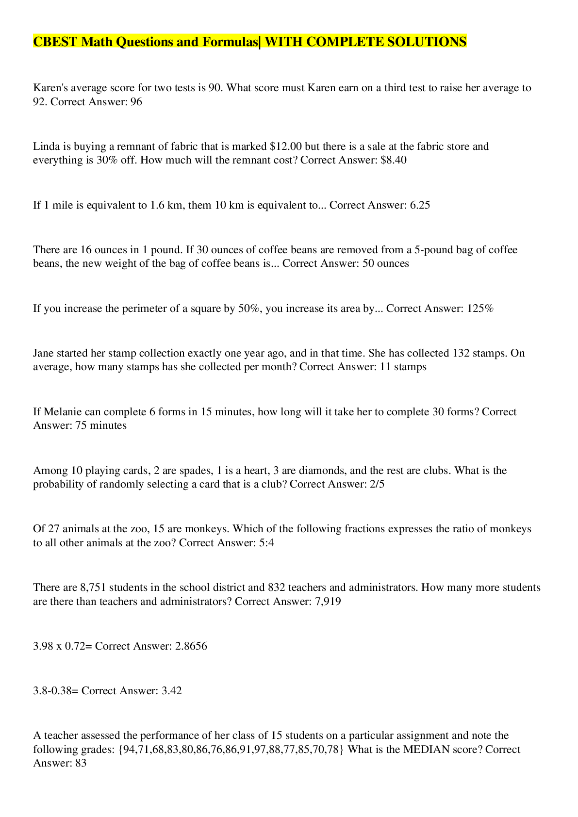 Preview image of CBEST Math Questions and Formulas| WITH COMPLETE SOLUTIONS document